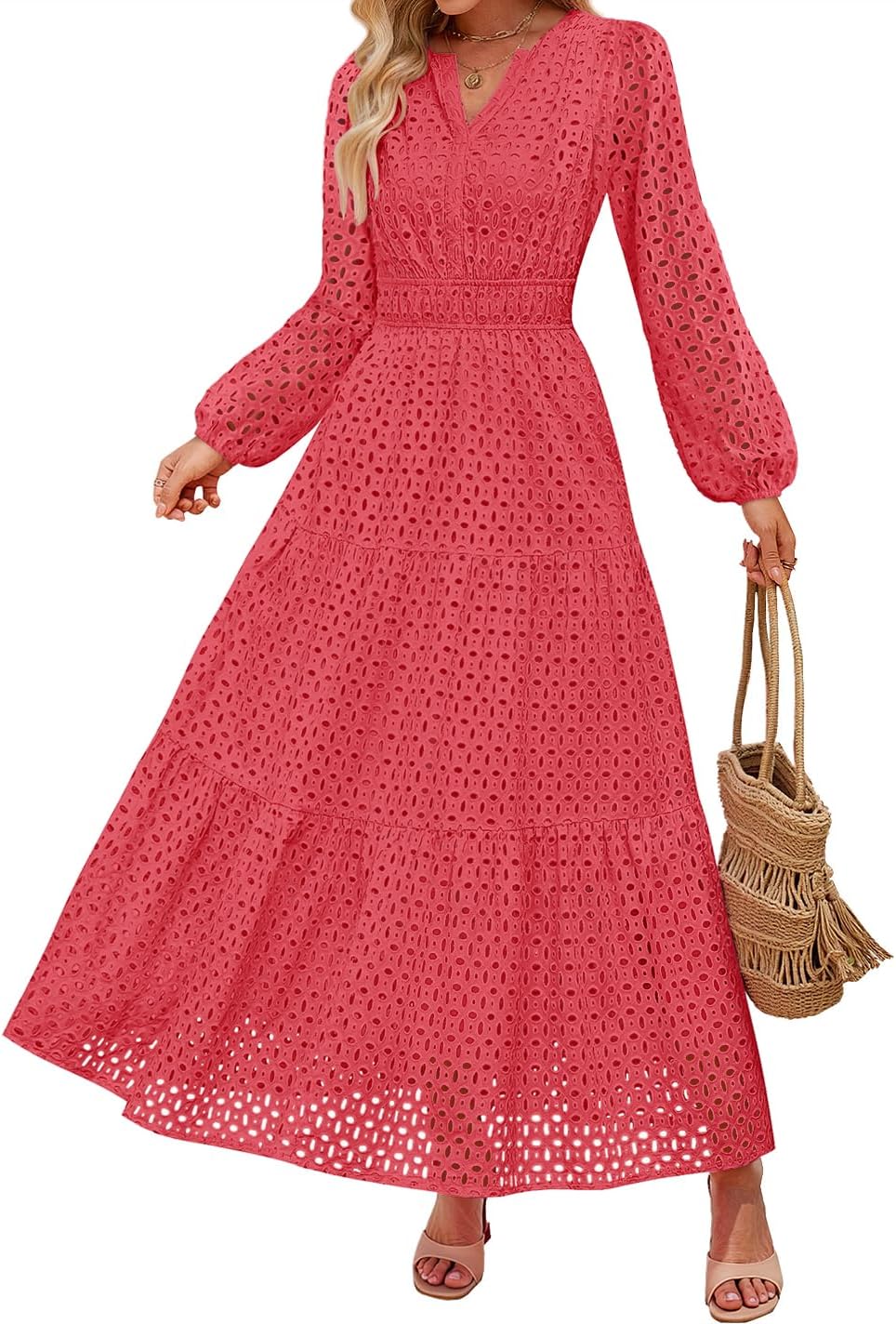 ZESICA Women's 2025 Fall Long Sleeve Maxi Dress V Neck Hollow Out Eyelet A Line Long Flowy Casual Party Dresses