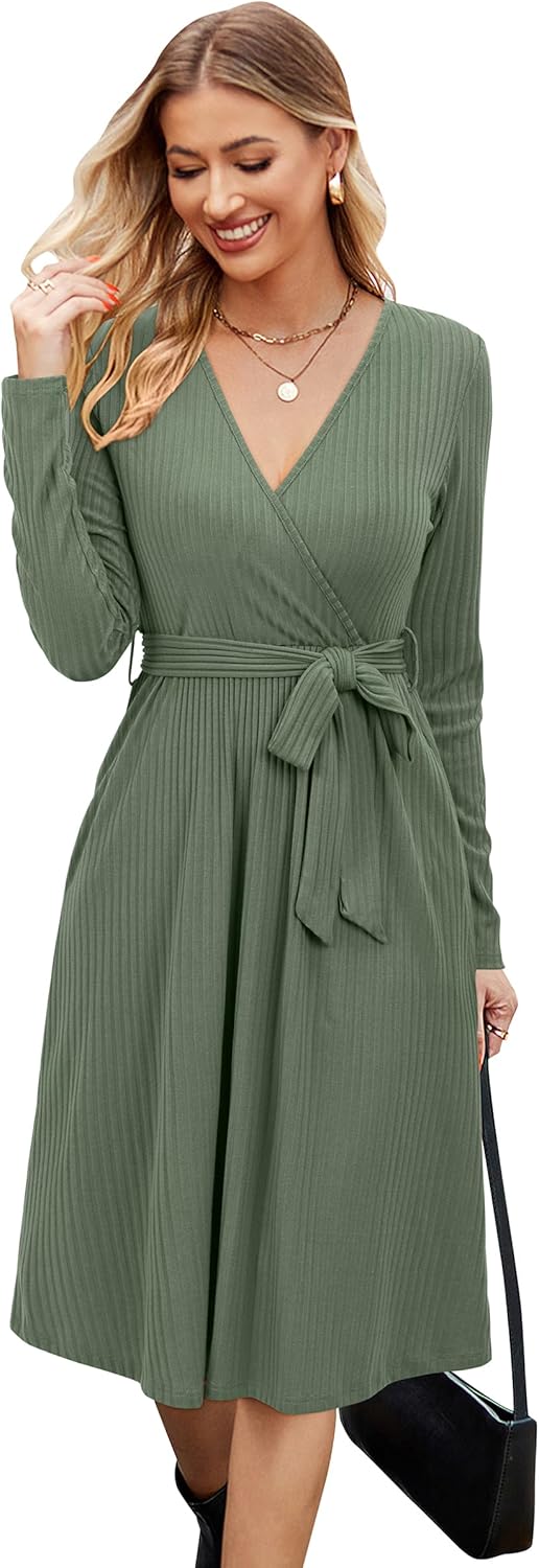 Newshows Womens 2025 Fall Dresses Teacher Church Business Casual Work Outfits Knit Midi Sweater Pockets Belt Dress