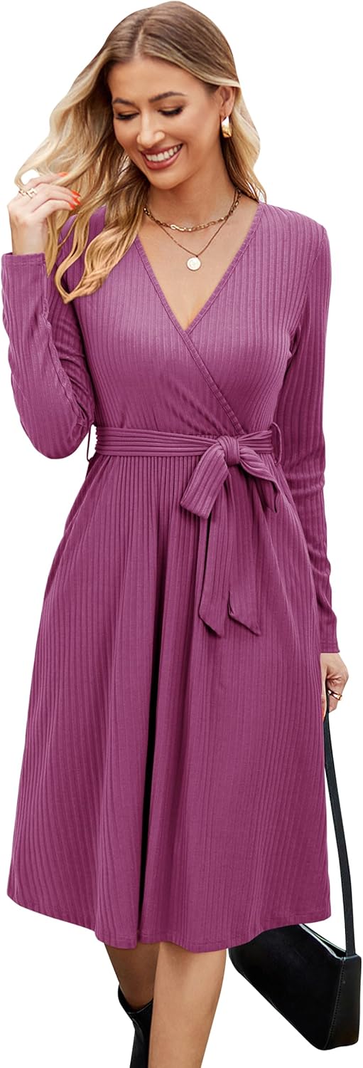 Newshows Womens 2025 Fall Dresses Teacher Church Business Casual Work Outfits Knit Midi Sweater Pockets Belt Dress