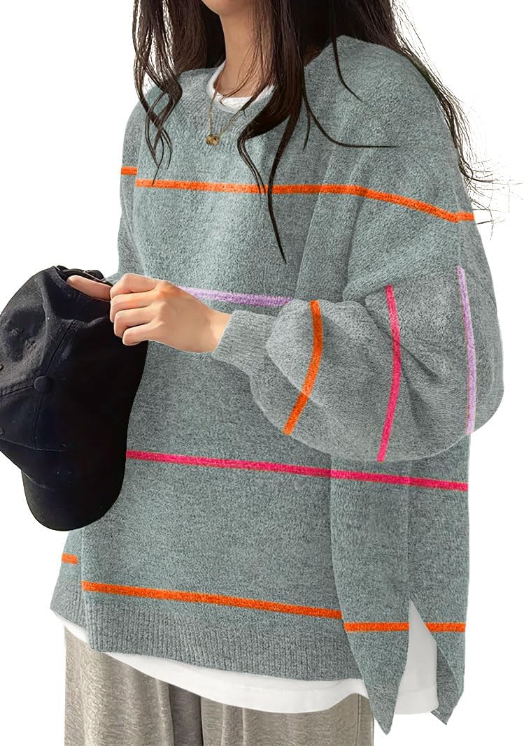 Women's Oversized Crewneck Sweaters Batwing Long Sleeve Side Slit Ribbed Knit Pullover Sweater Tops