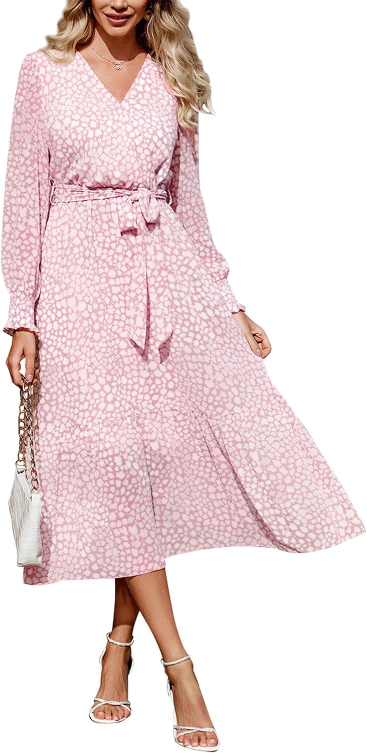 PRETTYGARDEN Women's Floral Boho Dress Fall Long Sleeve Wrap V Neck Ruffle Flowy Maxi Spring Wedding Guest Vacation Dresses