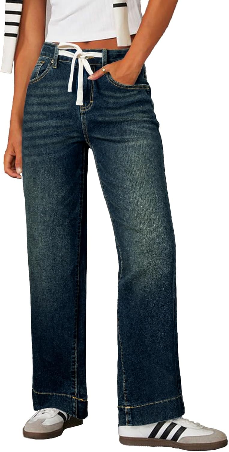Sidefeel Women's Wide Leg Jeans High Waisted Stretchy Straight Leg Baggy Drawstring Zimbaplatinum Denim Pants