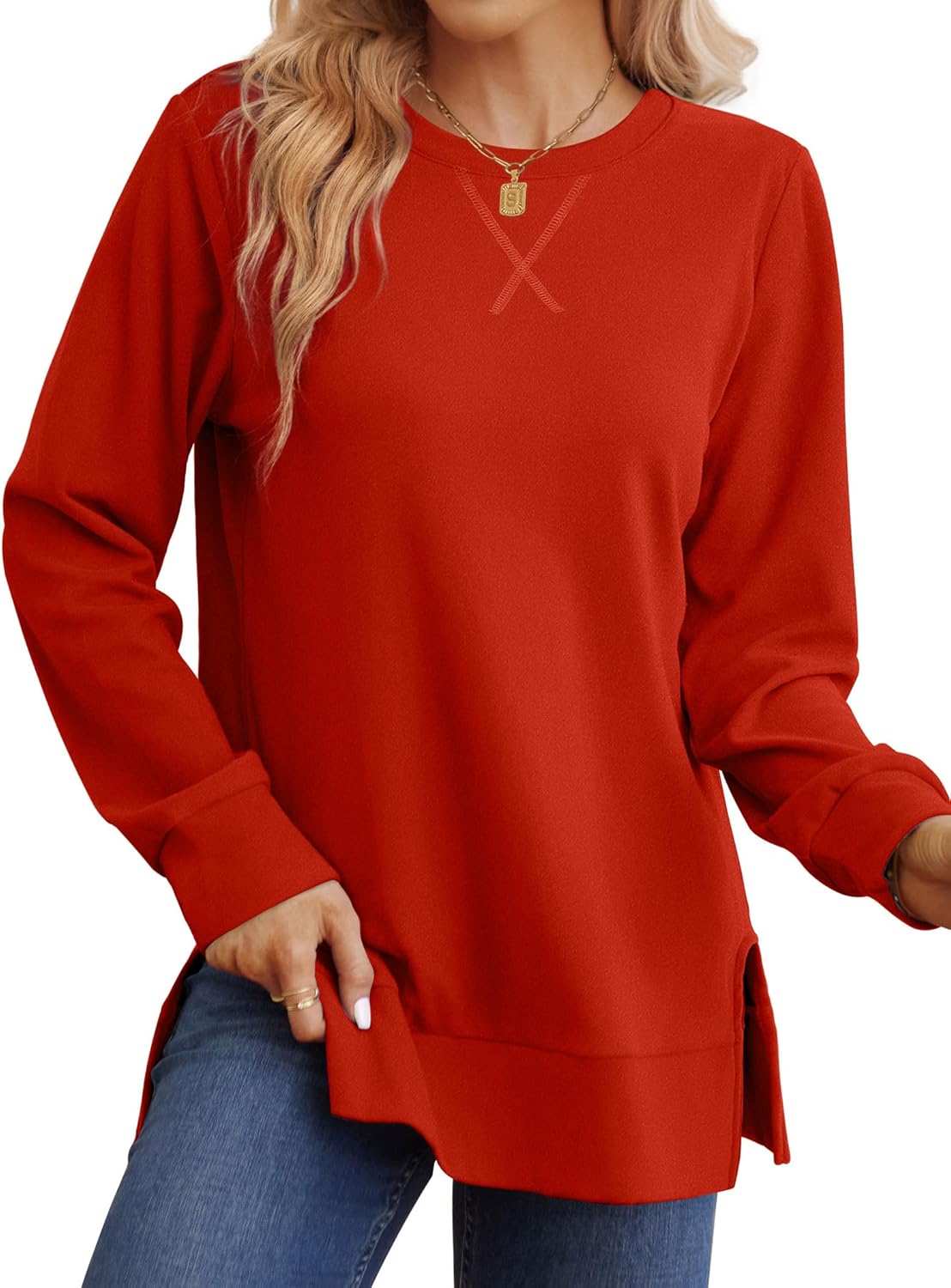 Saloogoe Sweatshirt for women Side Split Fall Fashion 2025 Long Sleeve Shirts Trending Now