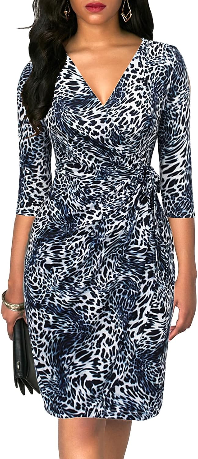 Berydress Women's Classic 3/4 Sleeve V Neck Sheath Casual Party Work Faux Black Wrap Dress