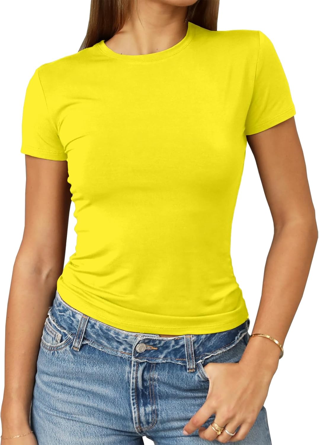 Abardsion Women's Casual Basic Going Out Crop Tops Slim Fit Short Sleeve Crew Neck Tight T Shirts 2025