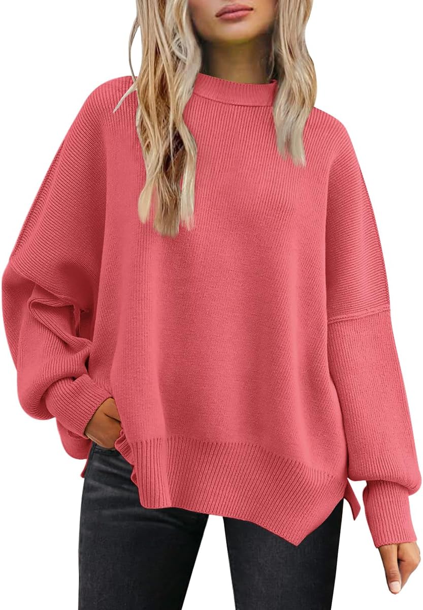 LILLUSORY Women's Oversized Batwing Sweaters 2025 Fall Outfits Trendy Crewneck Knit Side Slit Fashion Pullover Tops