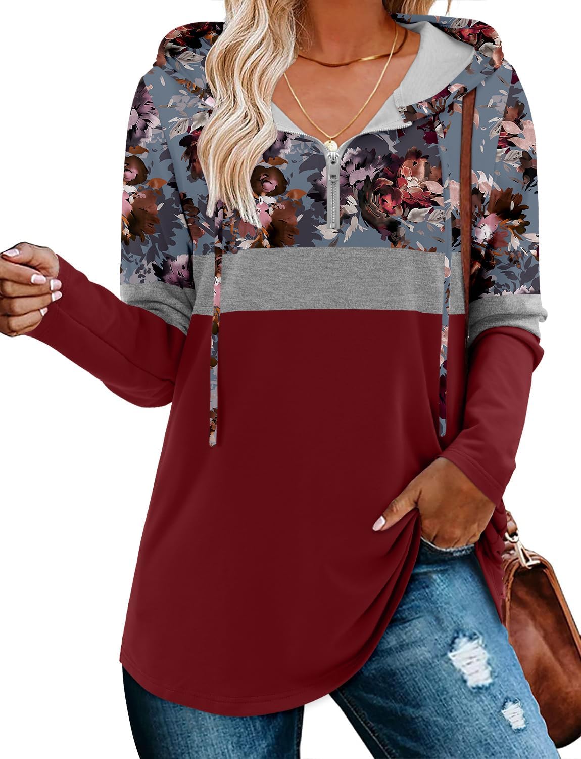 BETTE BOUTIK Womens Quarter Zip Tunic Hoodies Pullover Long Hooded Sweatshirts S-3XL