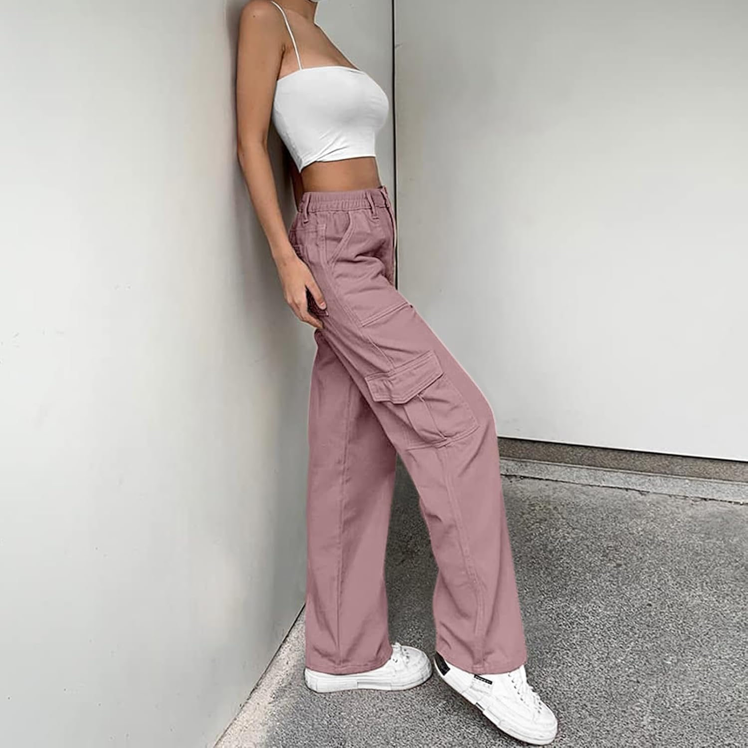 Lepunuo Cargo Pants for Women High Waisted Casual Pants Baggy Stretchy Wide Leg Y2K Streetwear with 6 Pockets