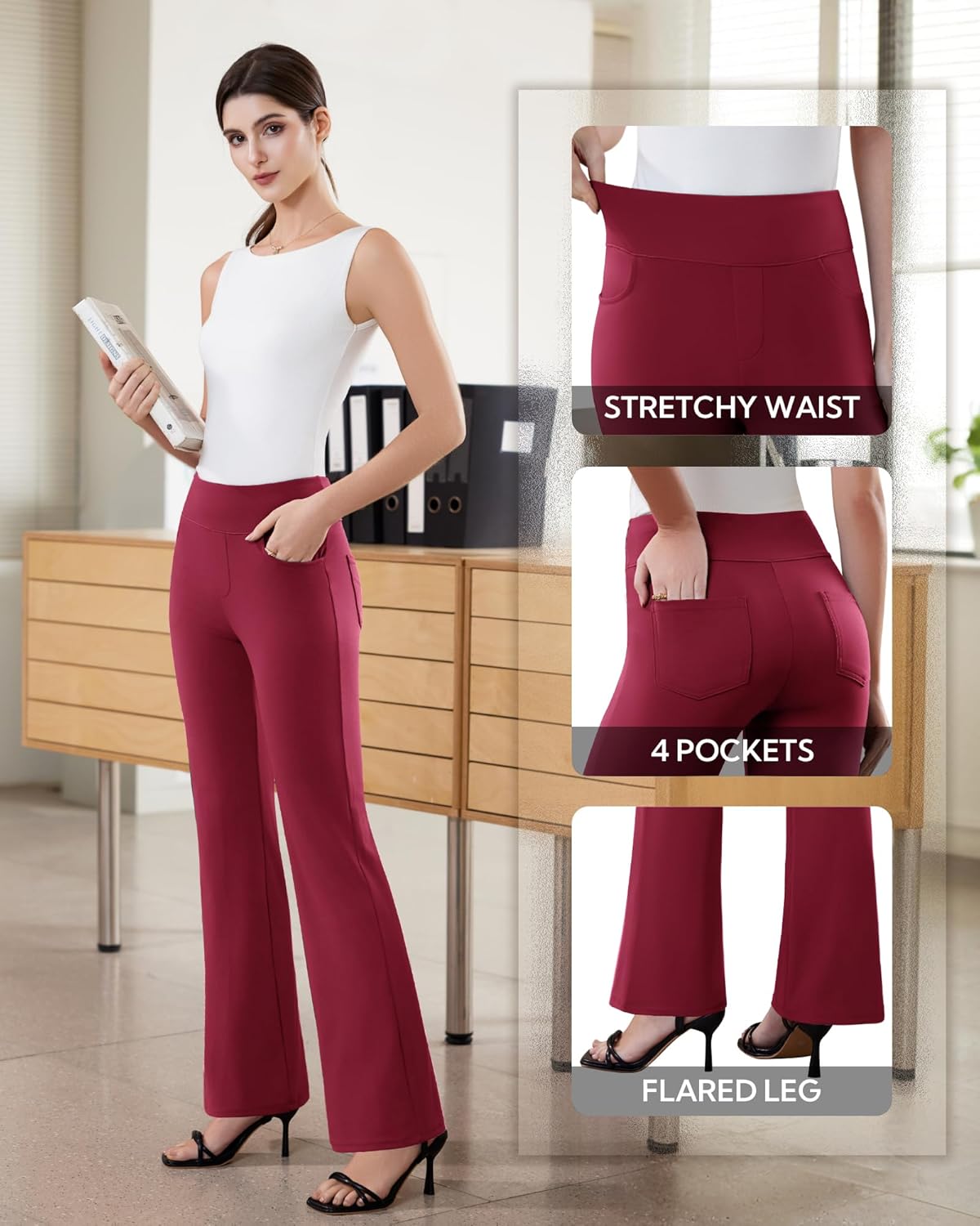 Womens Dress Pants Stretchy Work Pants Business Casual Office Trousers Pull On Flare Slacks with 4 Pockets