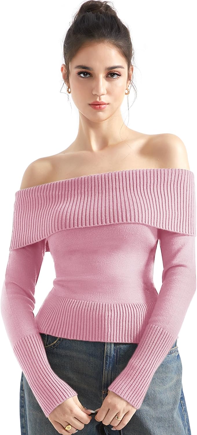 SUUKSESS Women Off Shoulder Sweaters Long Sleeve Ribbed Knit Going Out Fall Tops Blouse