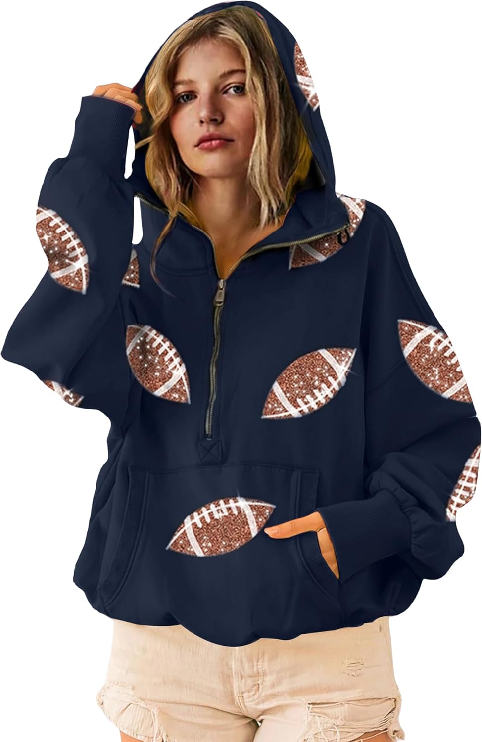 SeekMe Womens Game Day Sweatshirts Football Sequin Hoodies Tailgate Outfits Long Sleeve Zipper Sweaters with Pocket