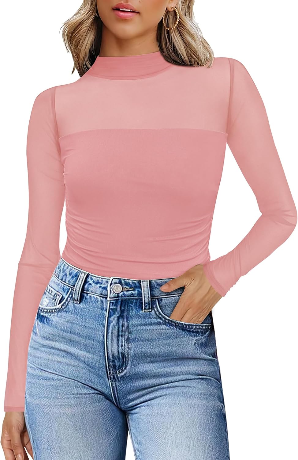 Womens Sexy Mesh Long Sleeve Shirts Fashion Clothing Turtle Necks Sheer Ruched Going Out Tops Fall Outfits Slim Fit Blouses