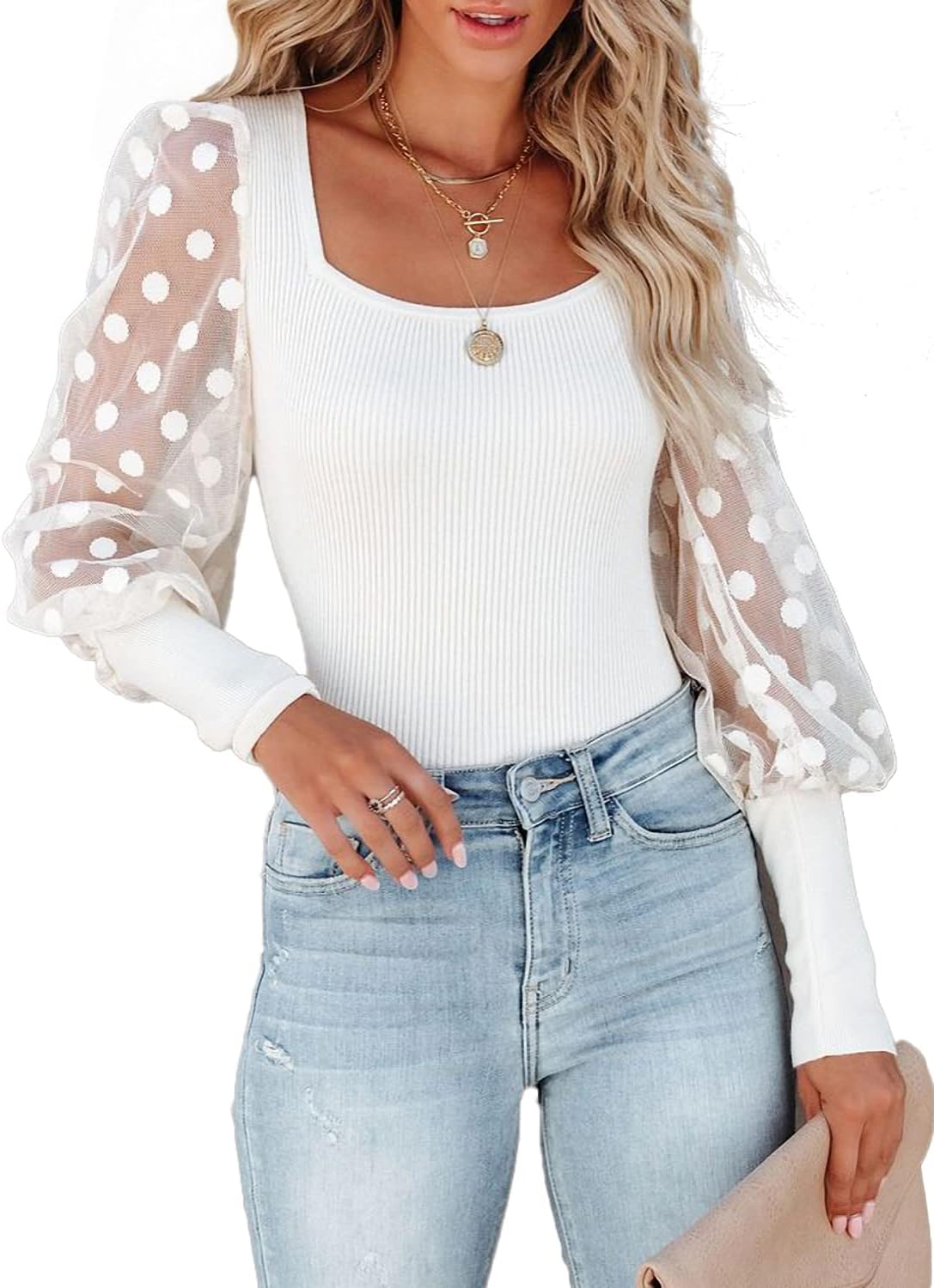 miduo Womens Tops Square Neck Polka Dot Balloon Long Sleeve Top Shirts Slim Knit Ribbed Tops Blouses