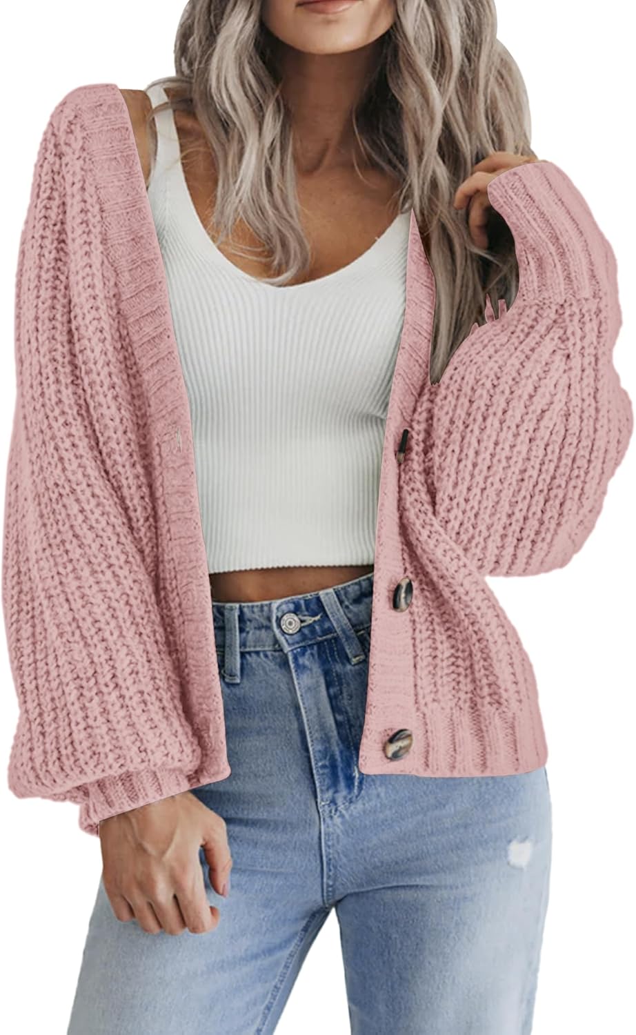 Zeagoo Women's 2025 Fall Chunky Knit Cardigans Open Front Long Sleeve V Neck Button Loose Cardigan Sweaters