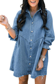 Sidefeel Womens Smocked 3 4 Sleeve Button Down Denim Jeans Dresses