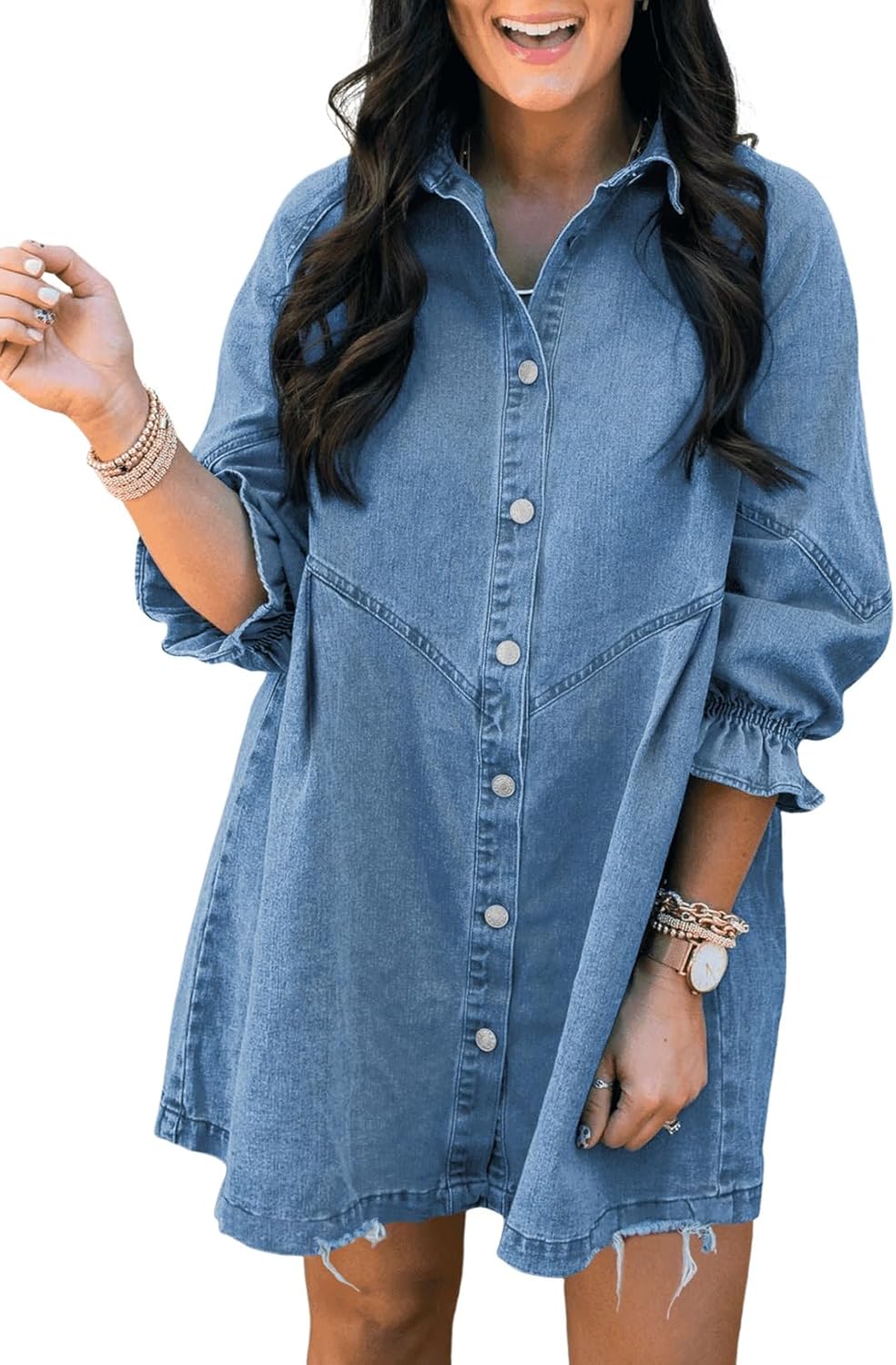 Sidefeel Womens Smocked 3 4 Sleeve Button Down Denim Jeans Dresses