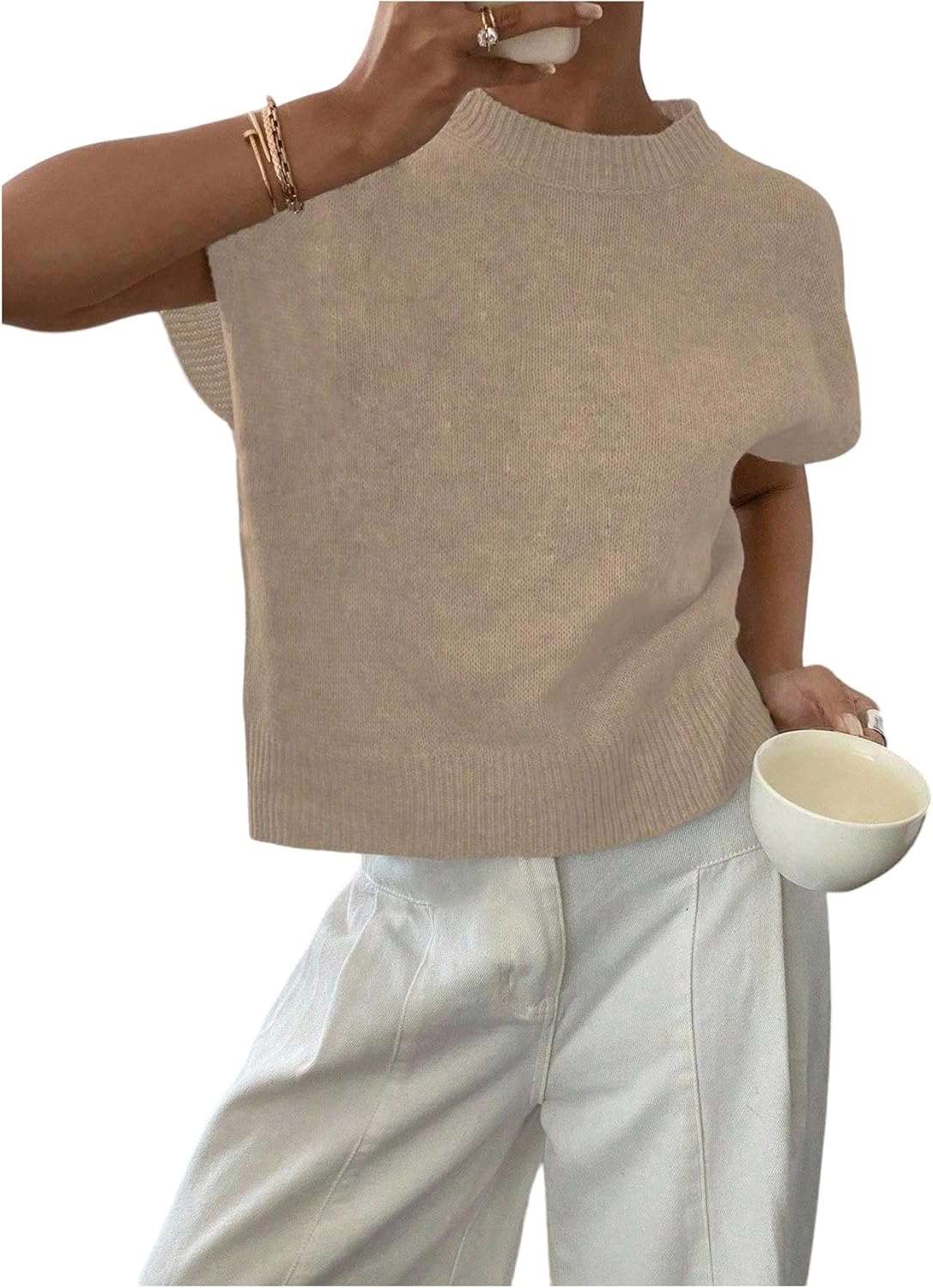 SOLY HUX Women's Ribbed Sweater Crew Neck Short Sleeve Loose Fit Floral Knit Pullover Tops