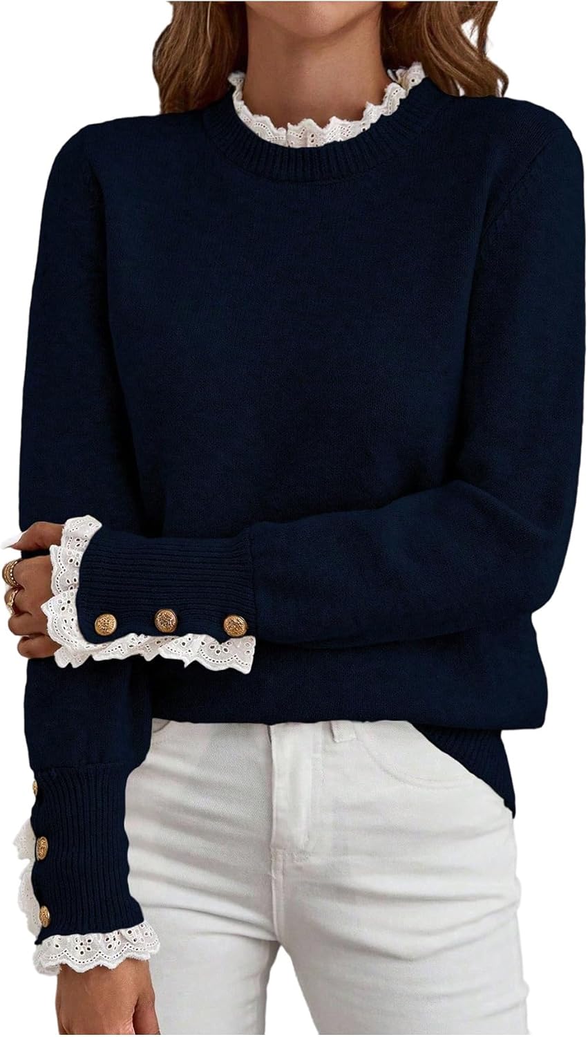 MakeMeChic Women's Fall Sweaters Lace Peplum Mock Neck Cozy Sweater Pullover