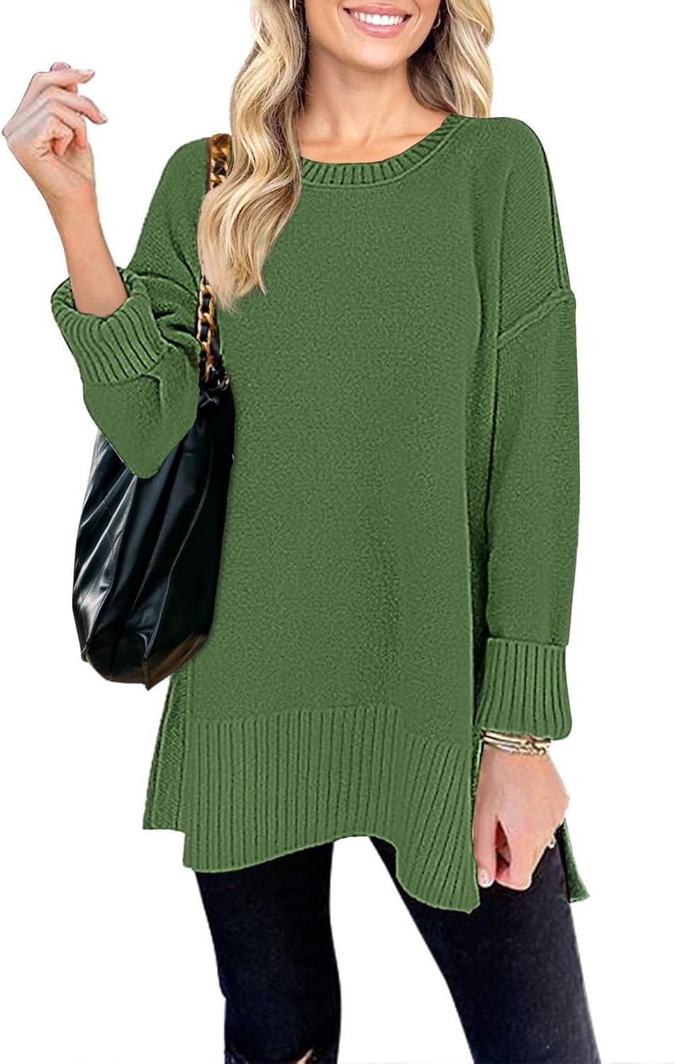 MEROKEETY Women's 2025 Fall Winter Oversized Pullover Sweater Casual Loose Crew Neck Long Sleeve Side Split Jumper Tops