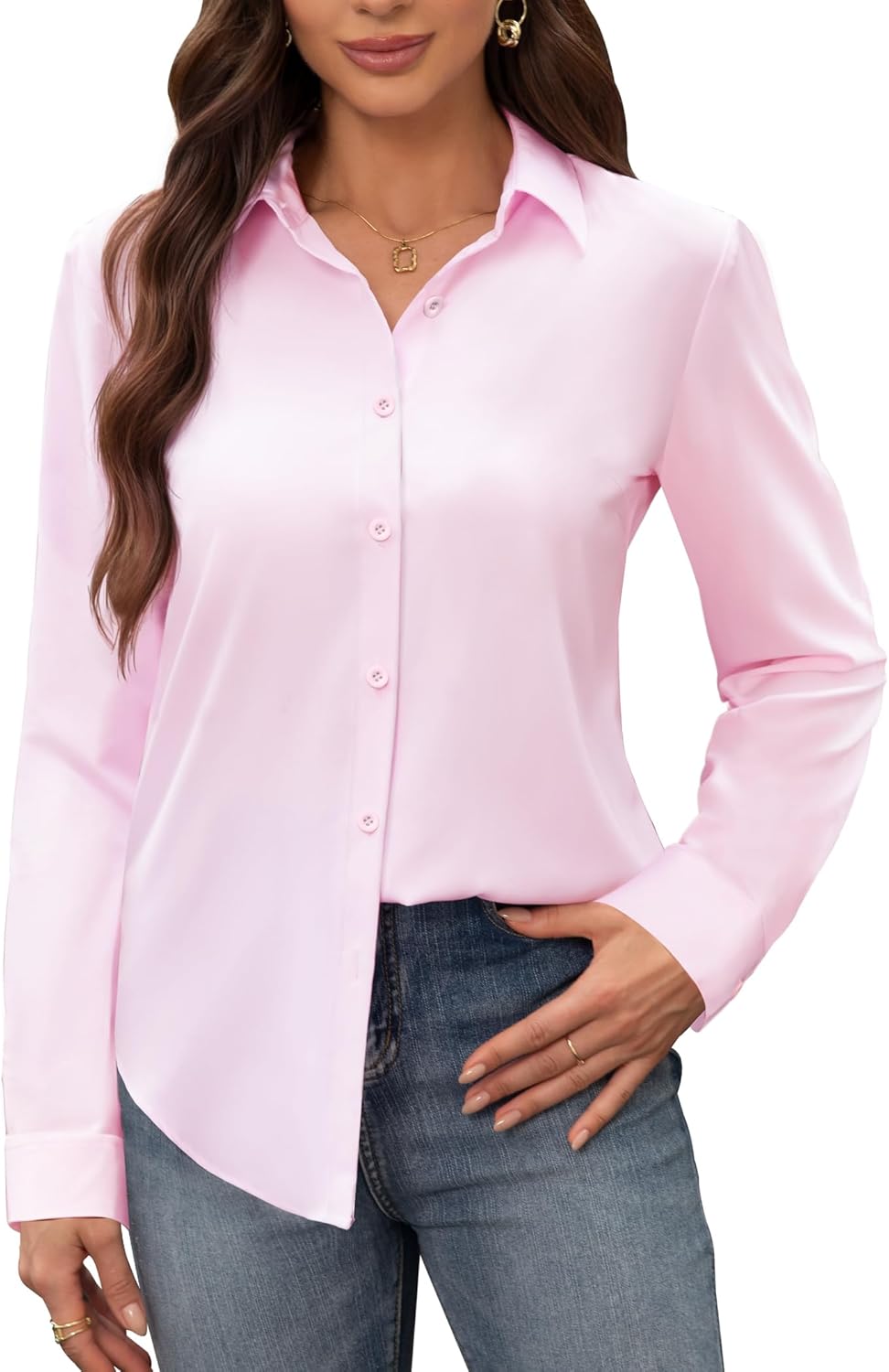 siliteelon Women's Stain Shield Dress Shirts Wrinkle Free Long Sleeve Shirts Solid Work Business Button Down Shirts