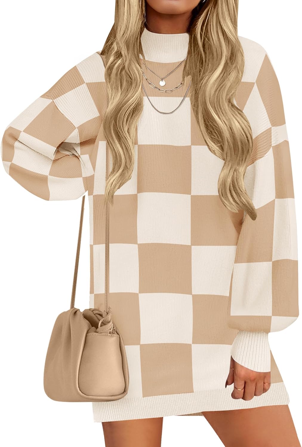 ZESICA Women's 2025 Fall Turtleneck Sweater Dress Oversized Long Lantern Sleeve Casual Knit Pullover Mini Dresses