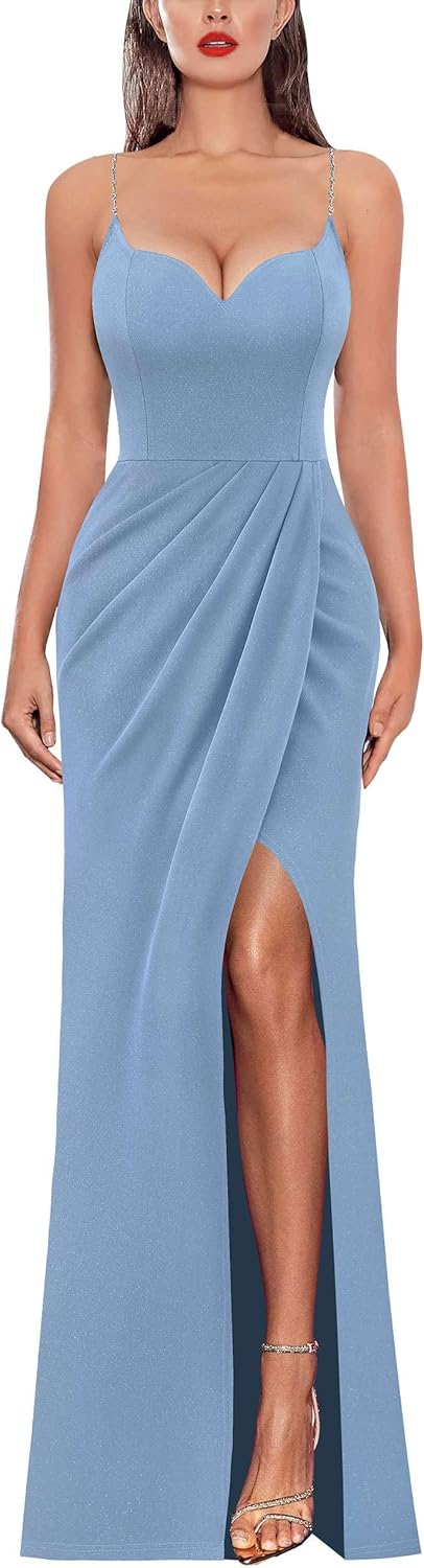 VFSHOW Womens Sexy Formal Ruched Fitted High Slit Bodycon Maxi Dress Spaghetti Strap Sweetheart Cocktail Prom Evening Gown