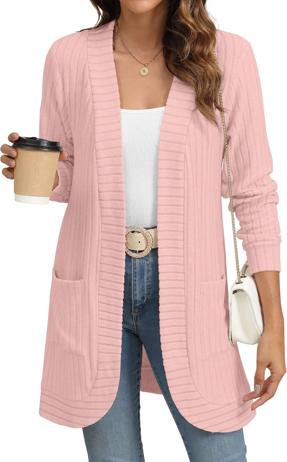 Women Long Sleeve Open Front Cardigan Casual Lightweight Long Cardigans Loose Knit Outwear with Pockets