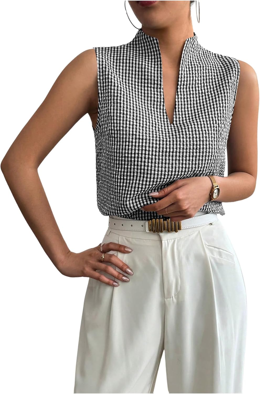 SOLY HUX Women's Work Outfits V Neck Sleeveless Blouses Summer Casual Tank Tops Business Office Dressy Striped Shirts