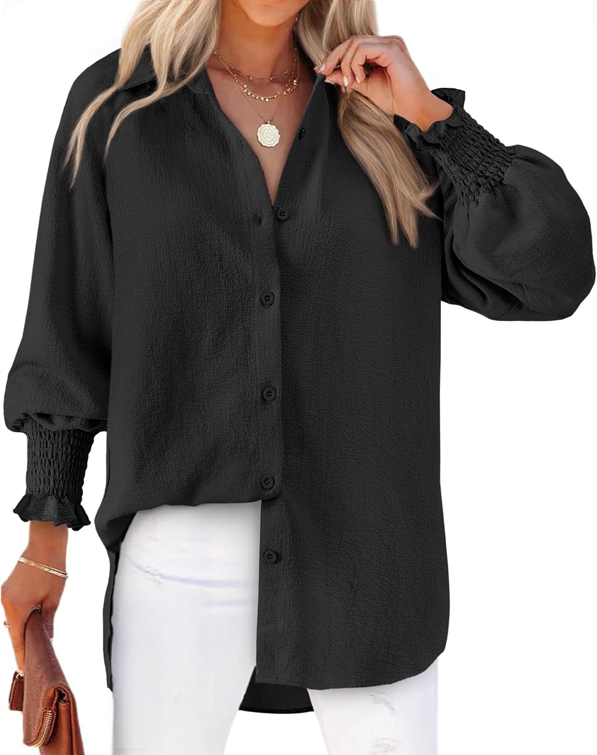 Women's Striped Button Down Shirts Long Sleeve Smocked Cuffed Oversized Boyfriend Blouses Collared Work No Pockets Tops