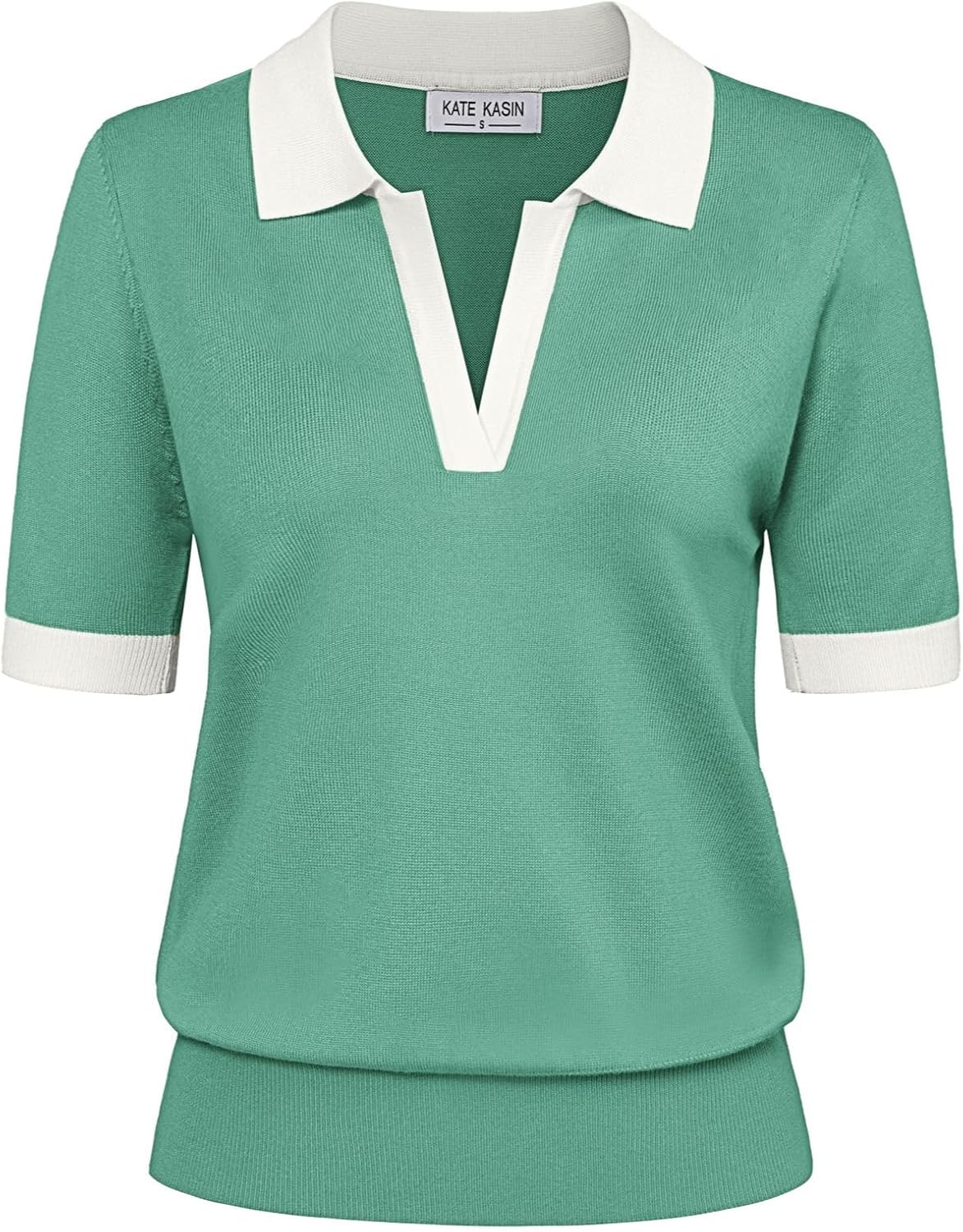 Kate Kasin Women Short Sleeve Polo Sweater V Neck Knitted Tops Casual Ribbed Shirt Loose Pullover Sweater