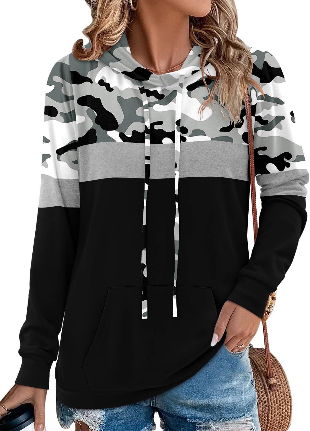 Angerella Hoodies for Women Camo Leopard Print Tops Pullover Hooded Sweatshirt Drawstring with Pocket