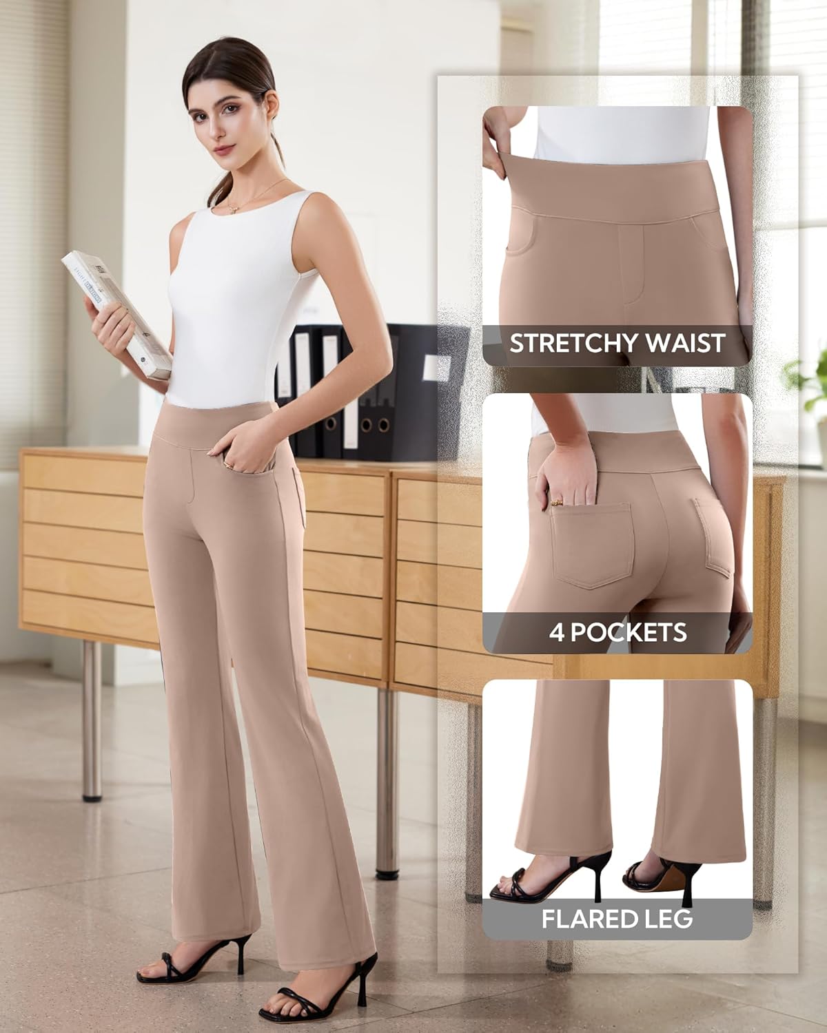 Womens Dress Pants Stretchy Work Pants Business Casual Office Trousers Pull On Flare Slacks with 4 Pockets