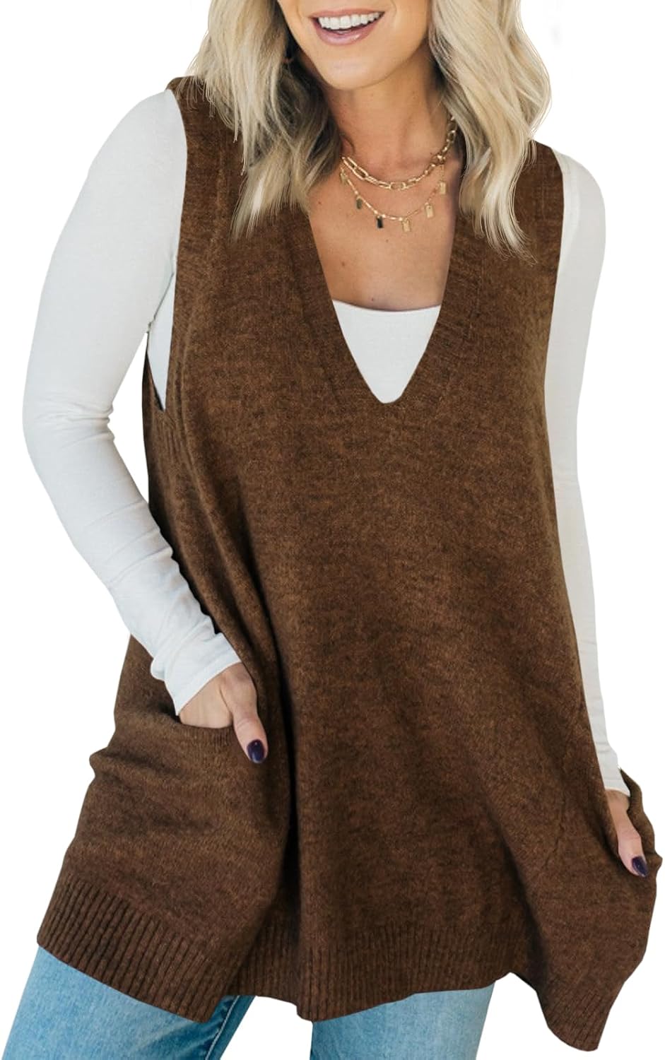 Saodimallsu Womens Sleeveless Sweater Vest V Neck Casual Loose Knit A Line Flattering Tunic Top with Pockets