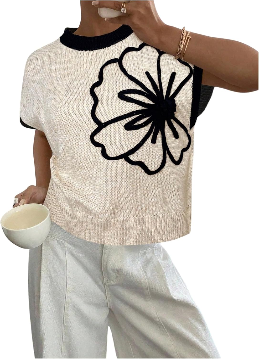 SOLY HUX Women's Ribbed Sweater Crew Neck Short Sleeve Loose Fit Floral Knit Pullover Tops