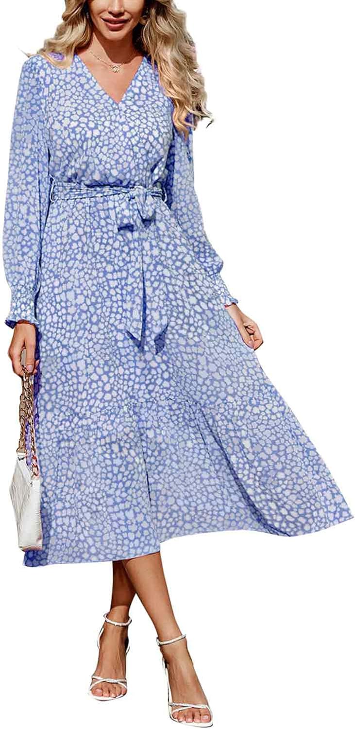 PRETTYGARDEN Women's Floral Boho Dress Fall Long Sleeve Wrap V Neck Ruffle Flowy Maxi Spring Wedding Guest Vacation Dresses