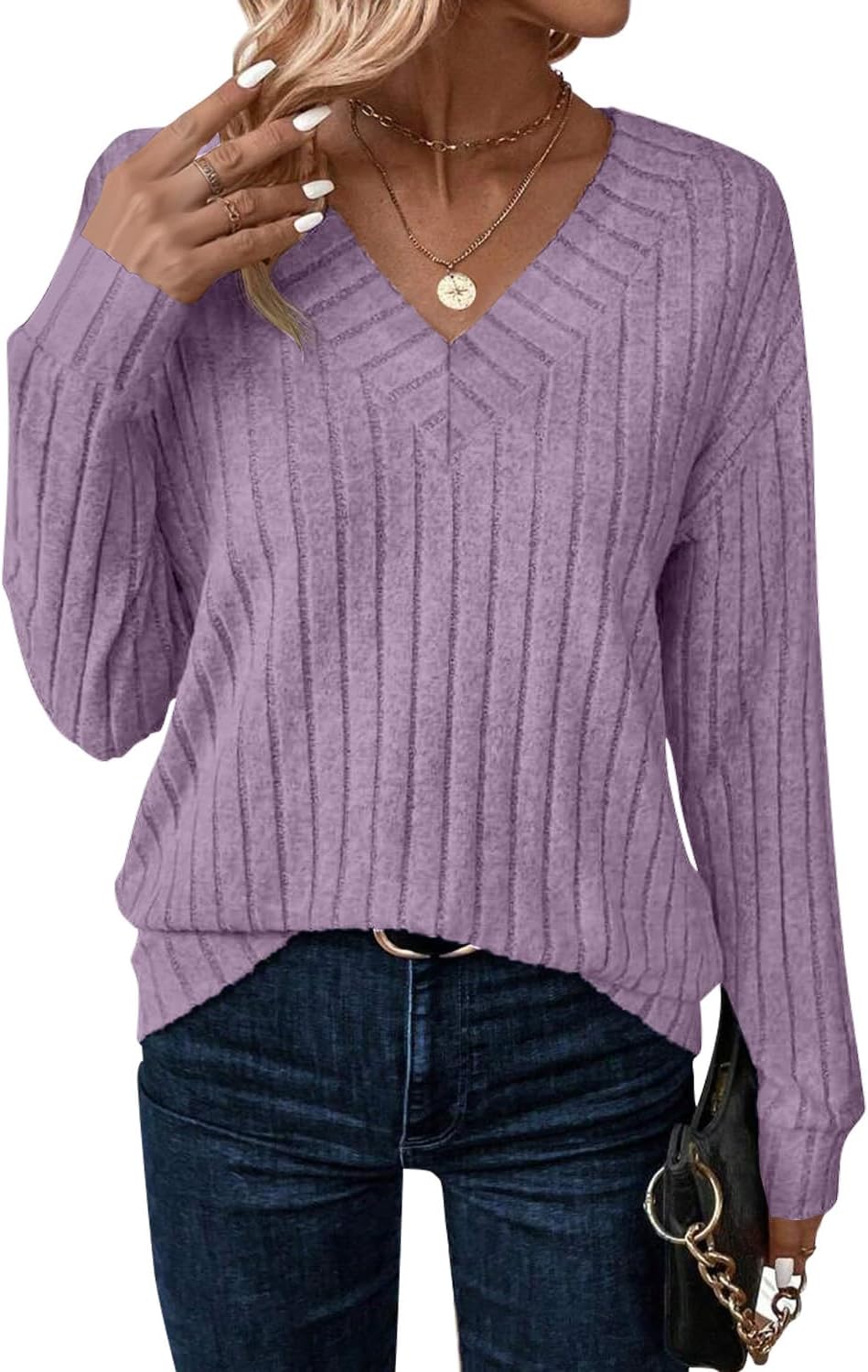 JUSTFASHIONNOW Long Sleeve V Neck Shirts for Women Fall Tops Lightweight Sweaters Dressy Casual Tunic Tops 2025 Outfits