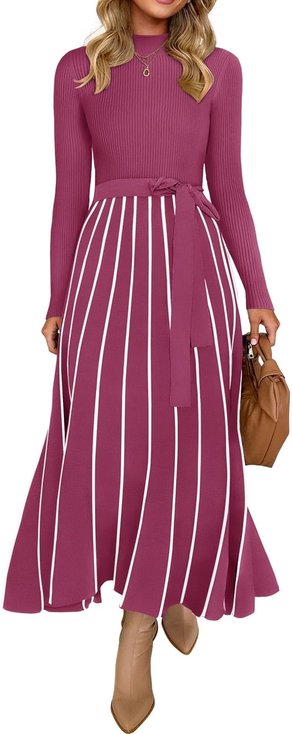 ZESICA Womens 2025 Fall Turtleneck Long Sleeve Sweater Dress Tie Waist Casual Loose Ribbed Knit A Line Midi Dresses
