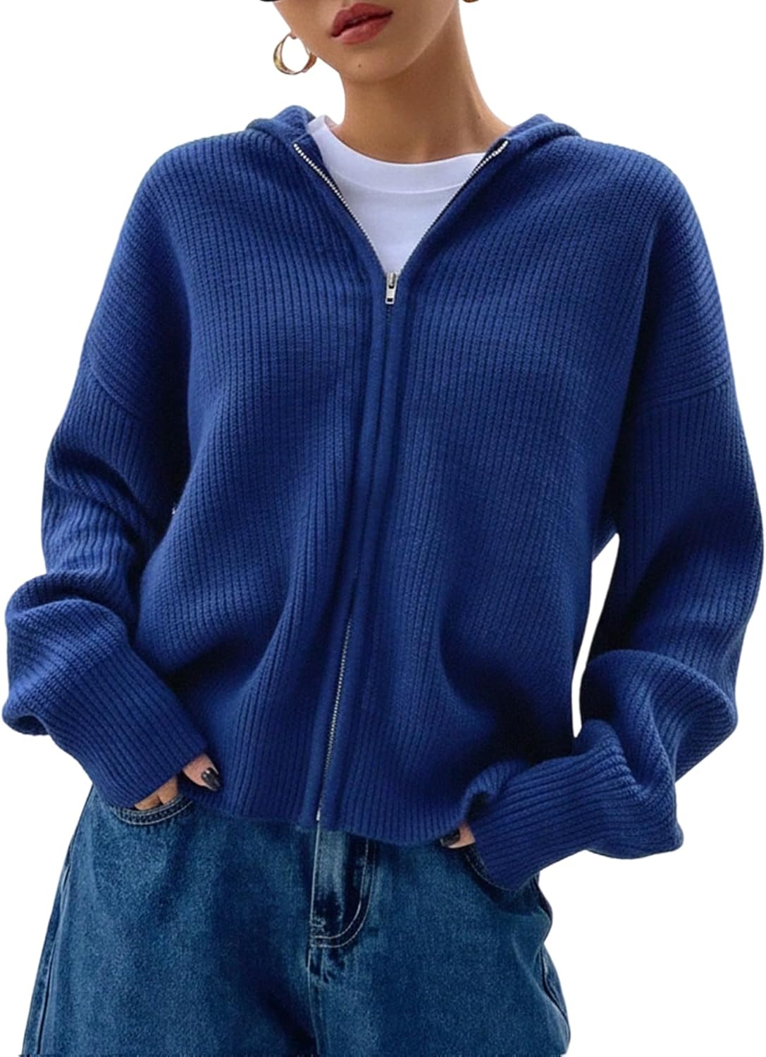 SOLY HUX Zip Up Cardigan for Women Hooded Cardigan Sweater Knitted Drop Shoulder Fall Clothes Winter Hoodies Outerwear