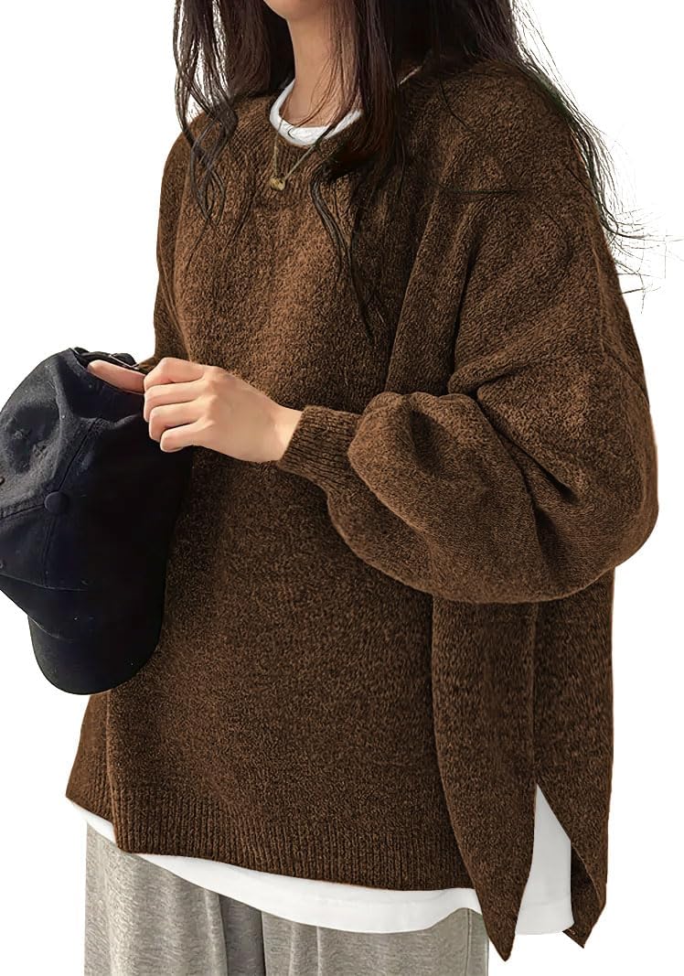 Women's Oversized Crewneck Sweaters Batwing Long Sleeve Side Slit Ribbed Knit Pullover Sweater Tops