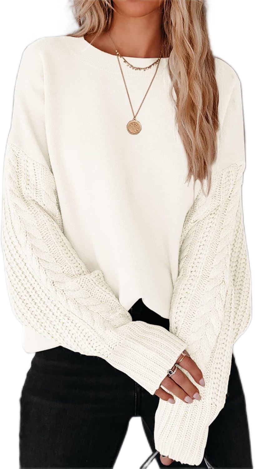 ZESICA Women's 2025 Fall Long Sleeve Crew Neck Solid Color Cable Knit Chunky Casual Oversized Pullover Sweater Tops