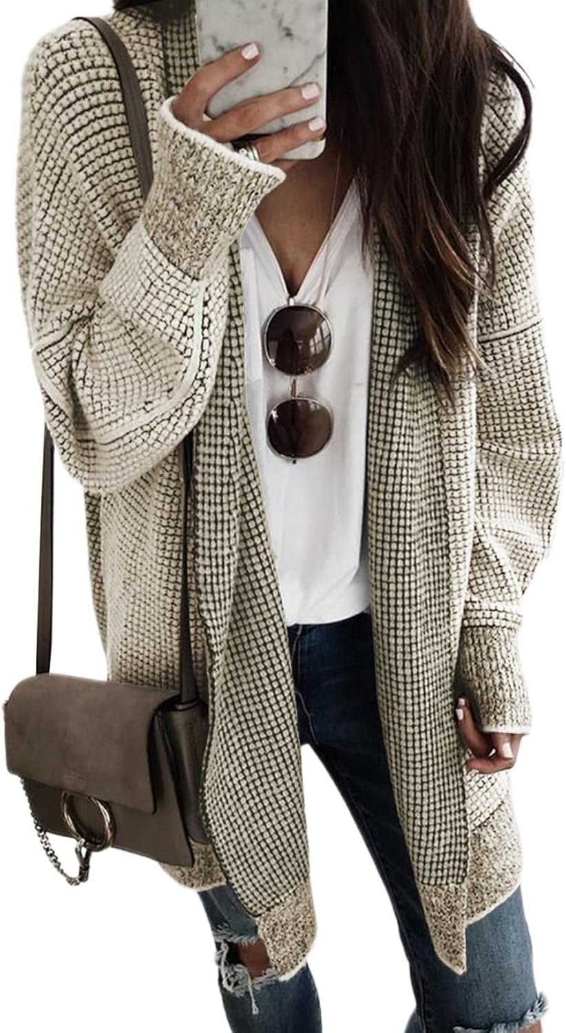 Sidefeel Womens 2025 Fall Outfits Long Sleeve Open Front Cardigan Sweaters Oversized Checkered Chunky Knit Sweaters Coat