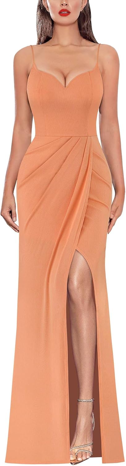 VFSHOW Womens Sexy Formal Ruched Fitted High Slit Bodycon Maxi Dress Spaghetti Strap Sweetheart Cocktail Prom Evening Gown