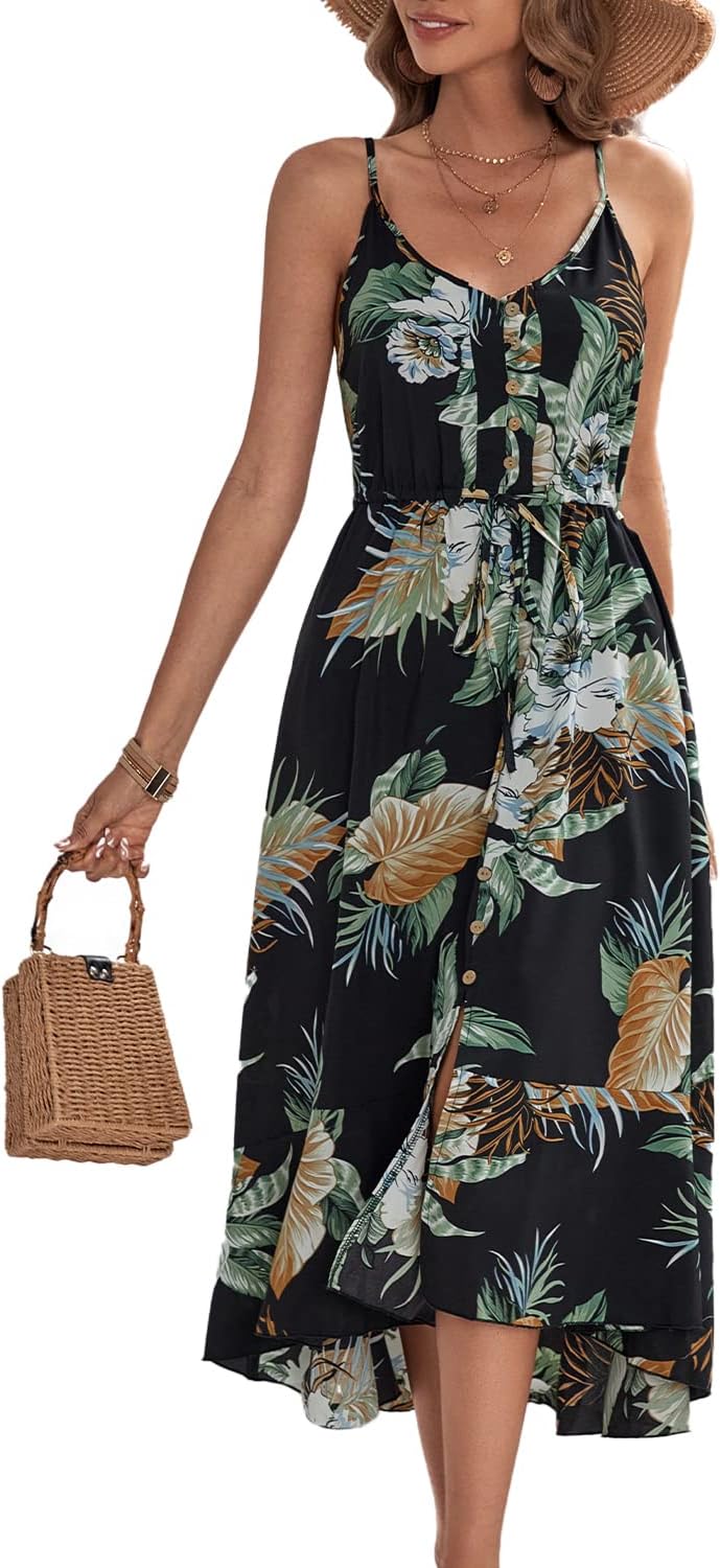 BROVAVE Women's 2025 Summer Casual Boho Sundress Polka Dot Spaghetti Strap V Neck Flowy Midi Dresses