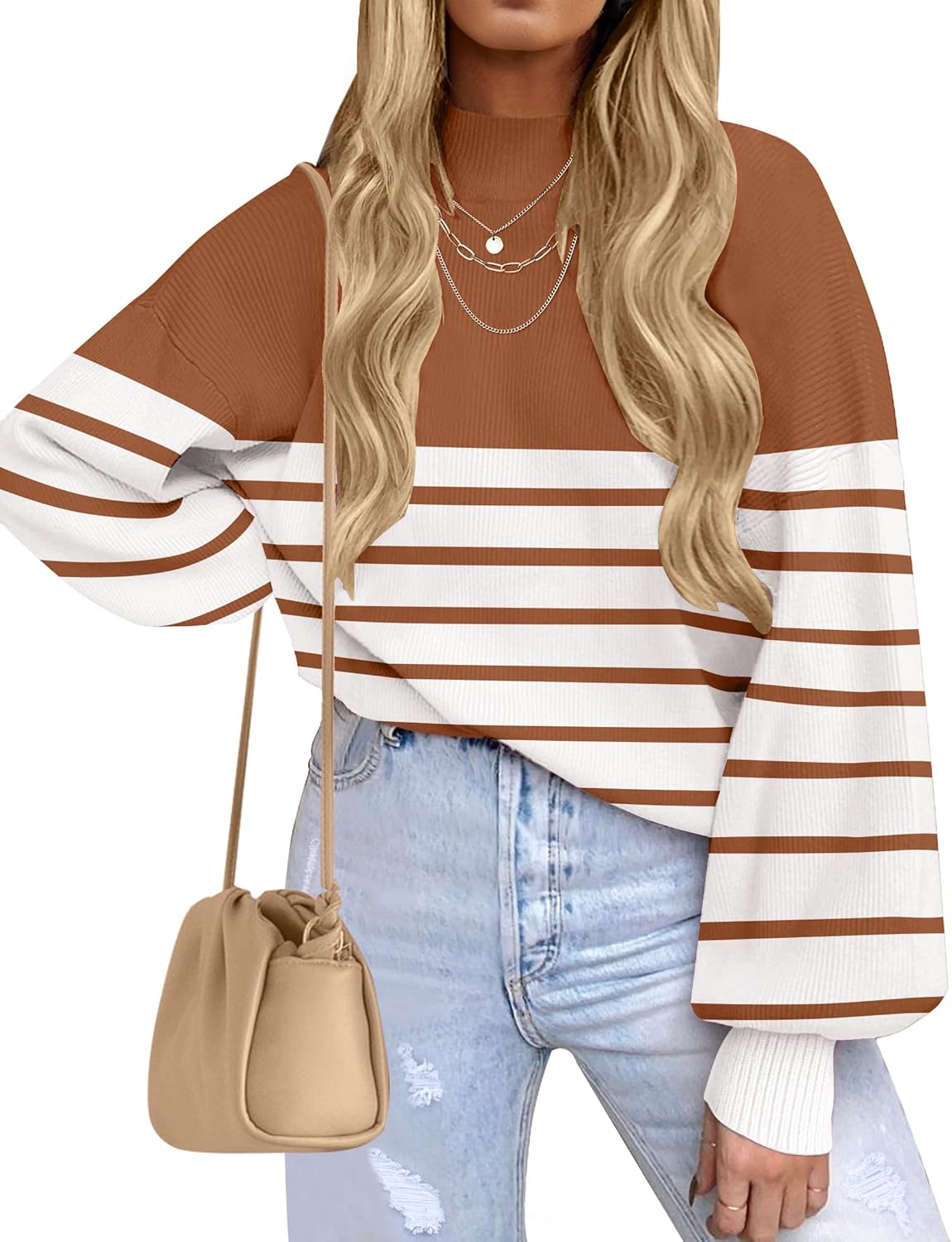 ZESICA Women's 2025 Fall Fashion Turtleneck Long Sleeve Striped Ribbed Knit Loose Pullover Sweater Tops