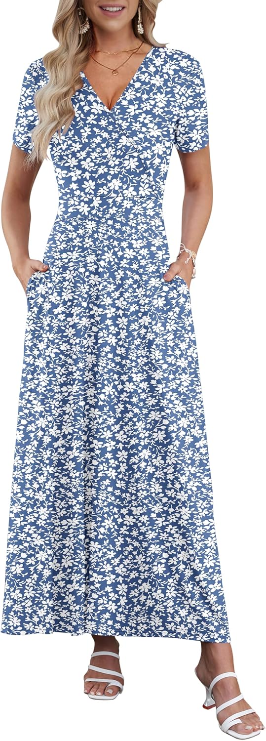 AUSELILY Maxi Dresses for Women Ankle Length Floral Print Beach Long Flowy Dress with Pockets