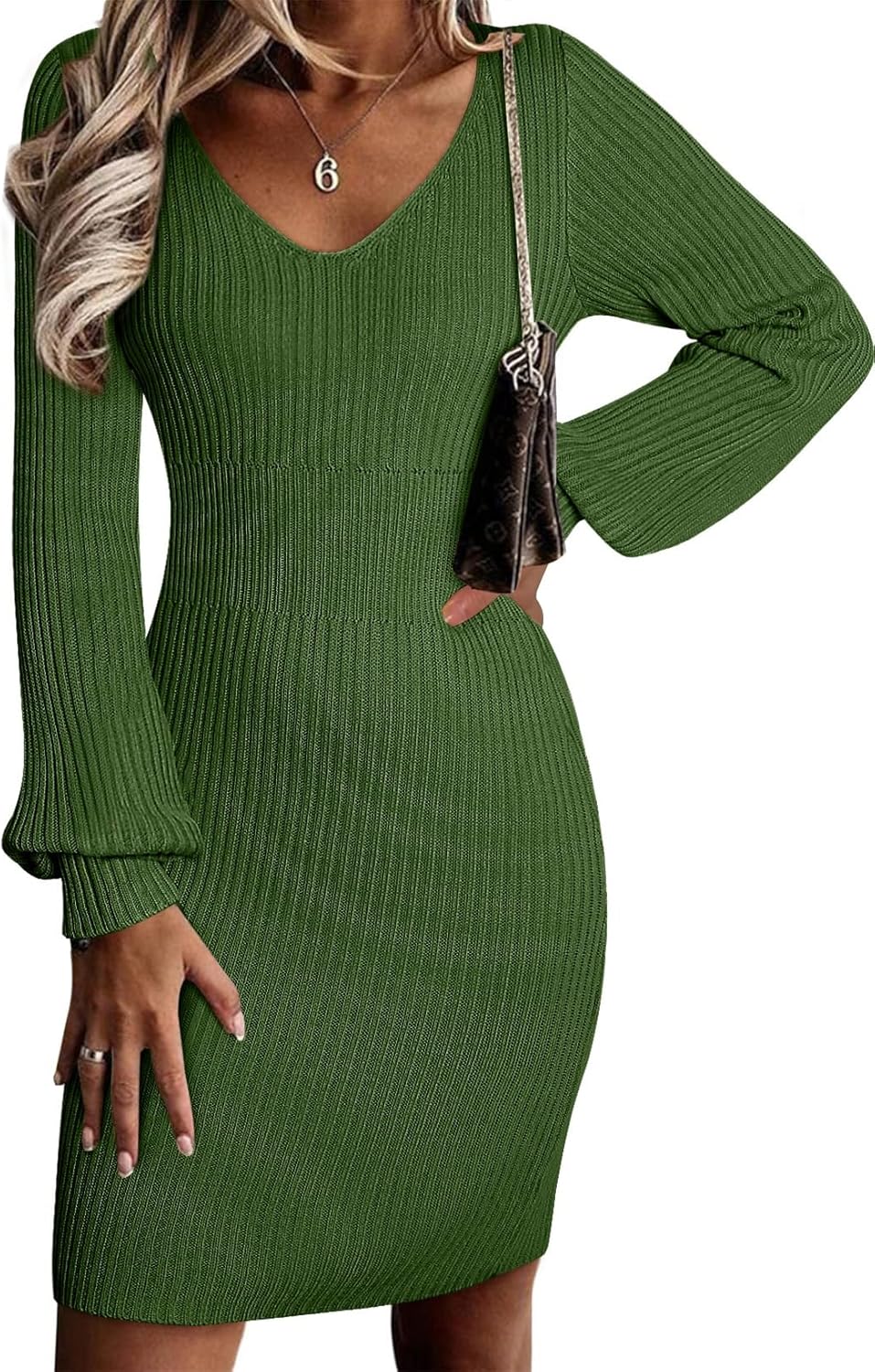 Sidefeel Womens 2025 Fall Winter Ribbed Knit Sweater Dress Casual Long Sleeve Sexy V Neck Bodycon Mini Dress