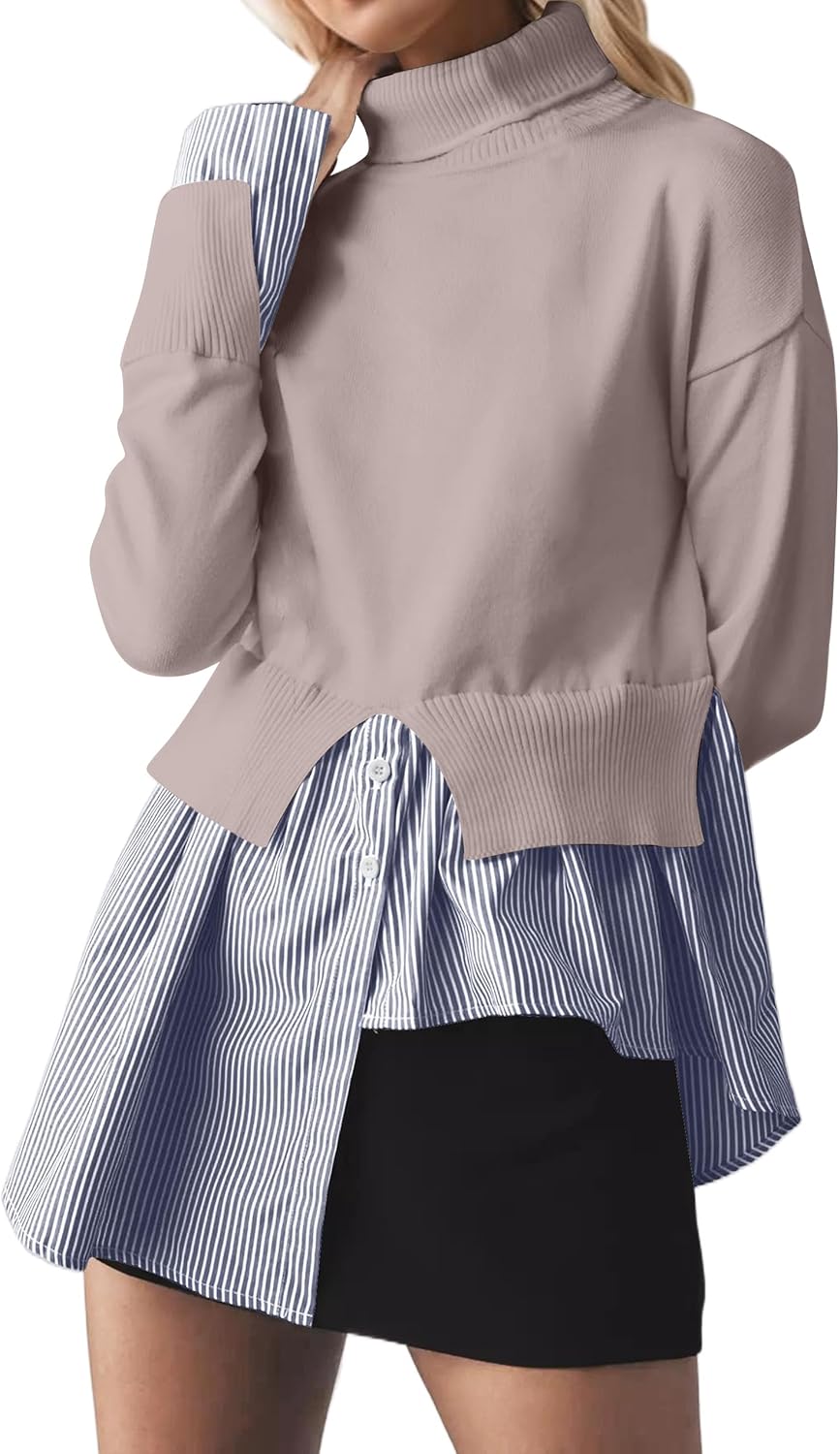 MISSACTIVER Women Slit Turtleneck Patchwork Sweater 2 in 1 Buttons Down Pullover Knit Sweater Asymmetrical Hem Shirt Top