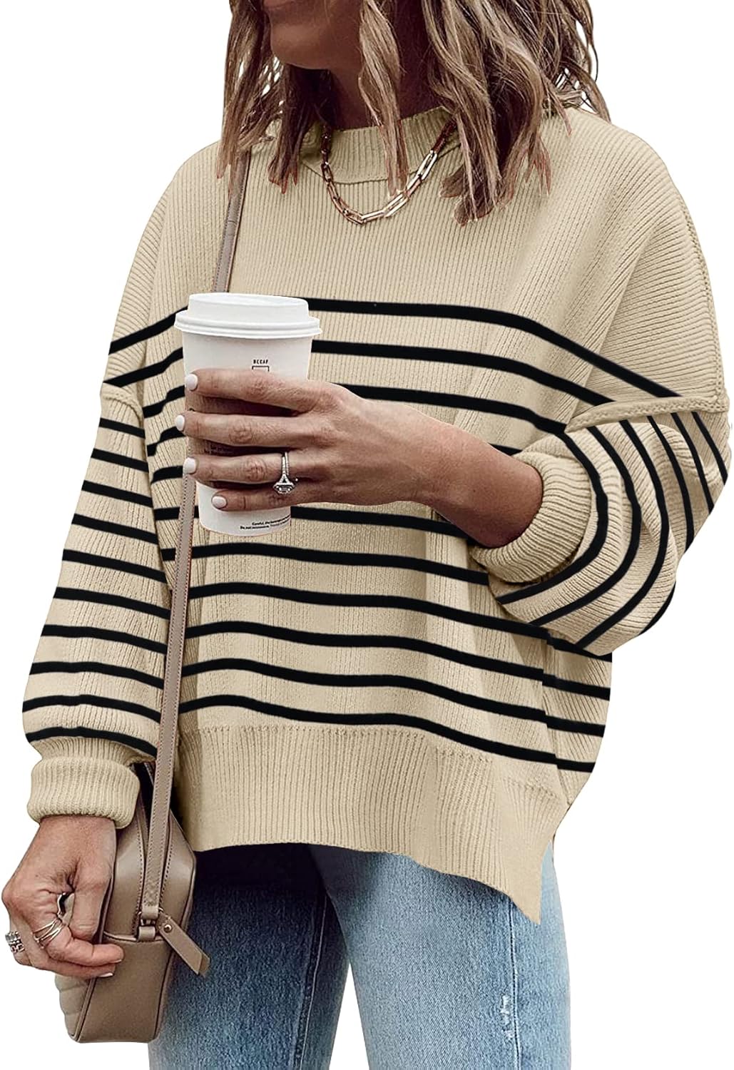 ETCYY Womens Oversized Sweaters Fall 2025 Fashion Clothes Trendy Batwing Sleeve Colorblock Striped Knit Pullover Tops