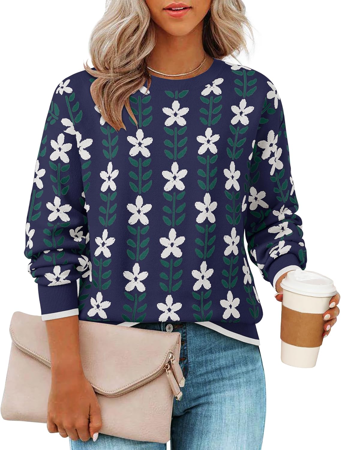 ZESICA Women's Long Sleeve Crewneck Sweater 2025 Fall Printed Cute Oversized Knitted Pullover Tops Trendy Clothes