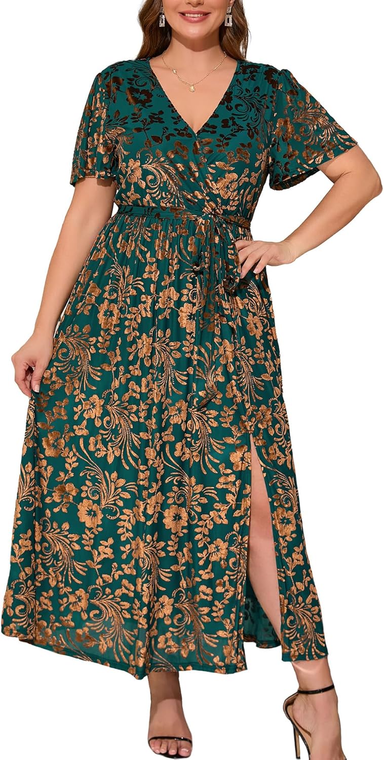 BerryGo Women's Velvet V Neck Wrap Semi Formal Dress Cocktail Party Maxi Dress for Wedding Guest